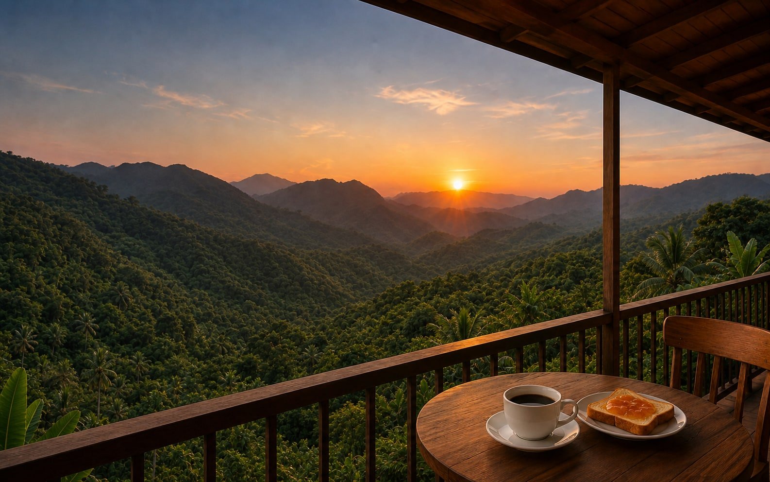 Sunset mountain view from the Baan Phutawan Lanta terrace with coffee on a wooden table
