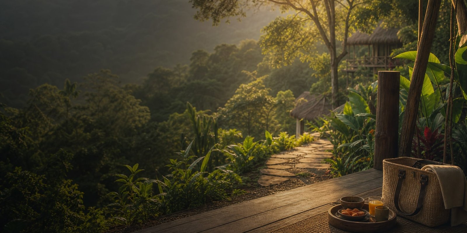 Quiet mountain resort path with warm morning light in Koh Lanta
